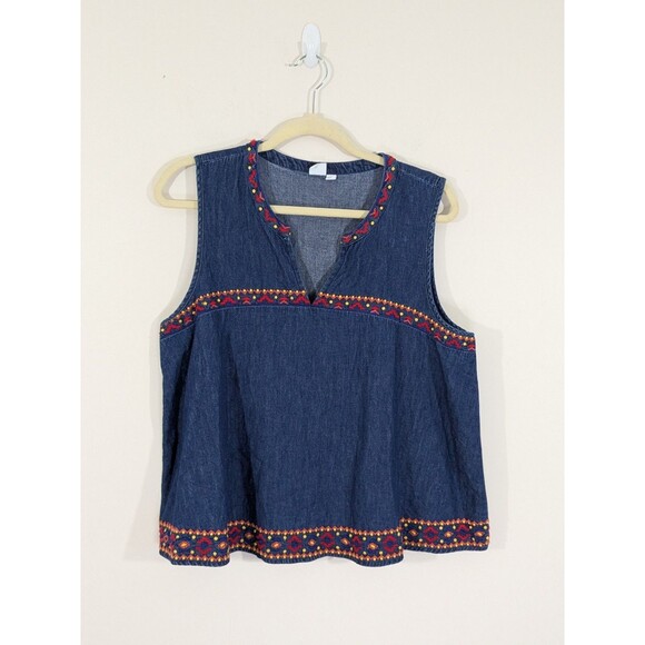 Gap Denim Multicolor Embroidered Sleeveless Jean Top Size L Women's Pocahontas - Picture 2 of 8